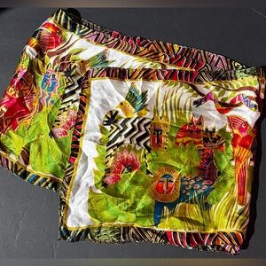 Laurel Burch Vintage Multicolor Jungle Birds 100% Silk Rectangular Scarf